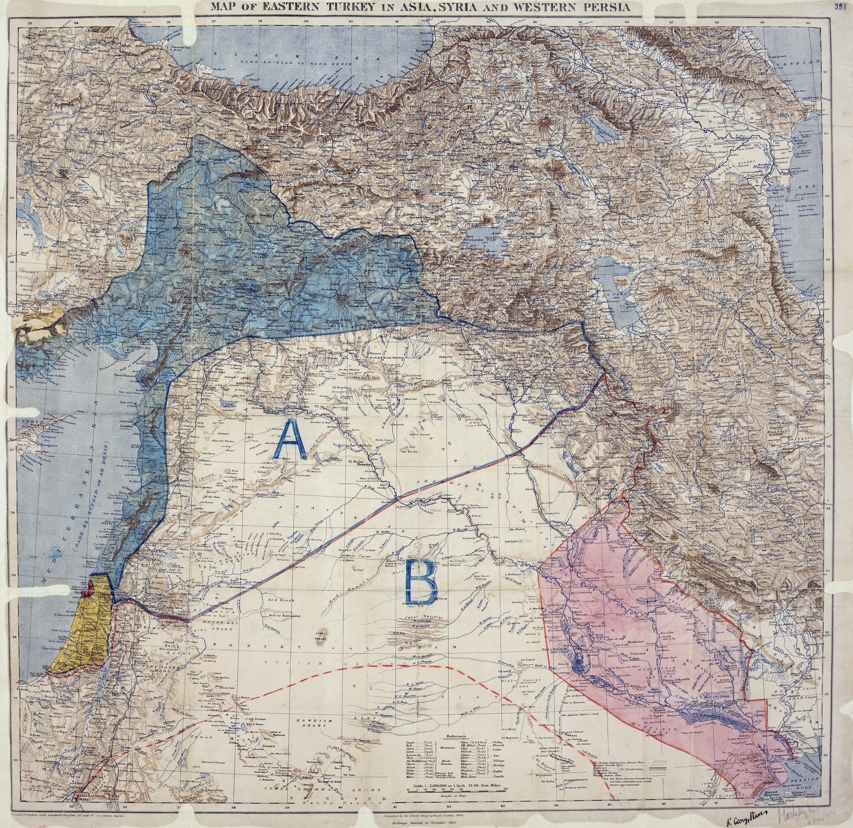 The 1915 Sykes-Picot map of Eastern Turkey in Asia, Syria and Western Persia, French A and British B zones outlined in blue and red across a Royal Geographical Society base, 1916