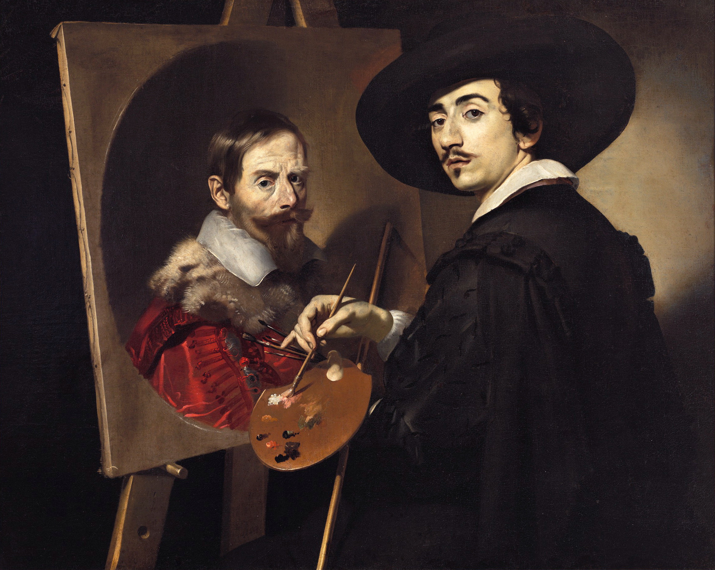Nicolas Régnier's Self-Portrait at the Easel, a young painter in a wide black hat working at a bearded old-man portrait on canvas, 1623