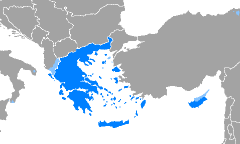A blue-shaded locator map of Greece and Cyprus in the eastern Mediterranean, 2015