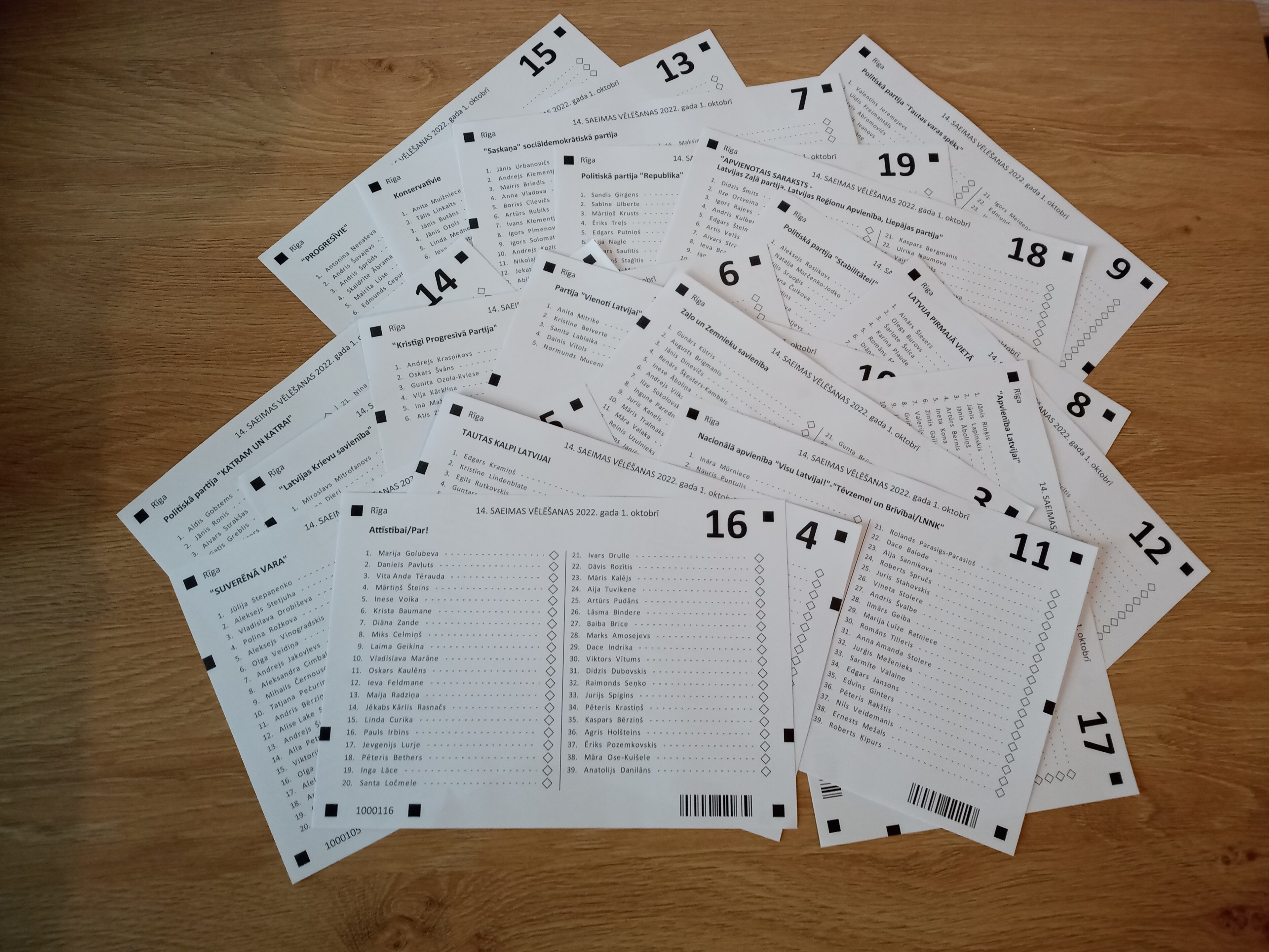 A fan of Latvian Saeima ballot cards on a wooden table, each list of candidates numbered 4 through 19 on its corner, 2022