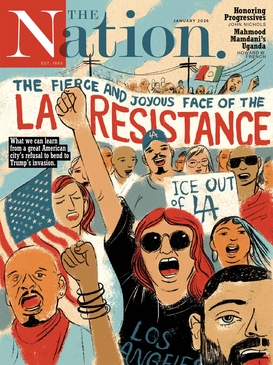 The Nation magazine cover captioned "The Fierce and Joyous Face of the LA Resistance", a raised-fist protest illustration in red-and-cream, 2026