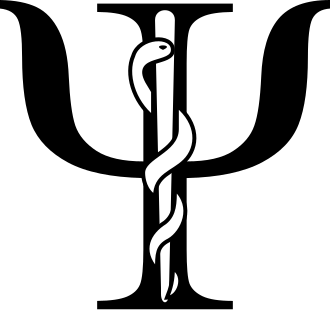 The Greek letter Psi with a serpent entwined around its stem, the black-on-white symbol of clinical psychology, 1971