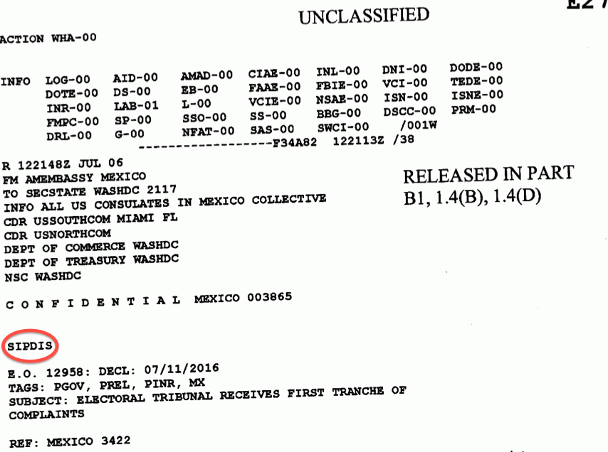 A declassified US State Department cable header from the American Embassy in Mexico City marked Confidential with SIPDIS ringed in red, 2006