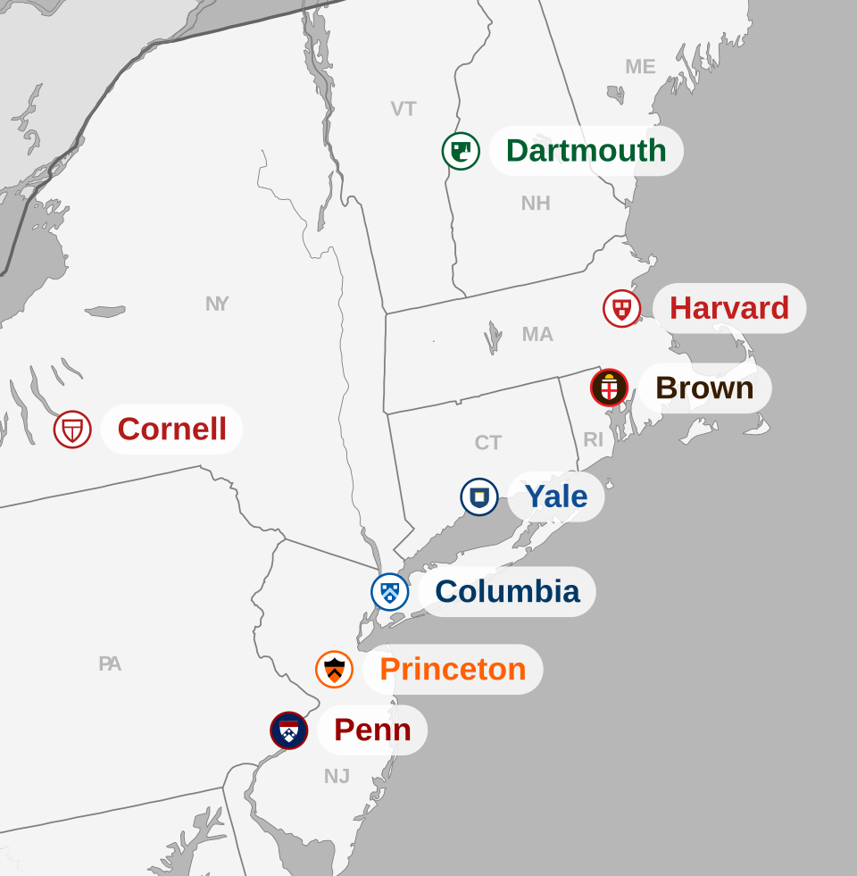 A map of the northeastern United States with the eight Ivy League universities each pinned by its own crest and name, 2015