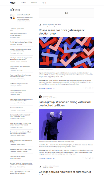 A screenshot of the Axios homepage, a stack of political headlines beside a lead-story photograph of tangled ballot arrows, 2020