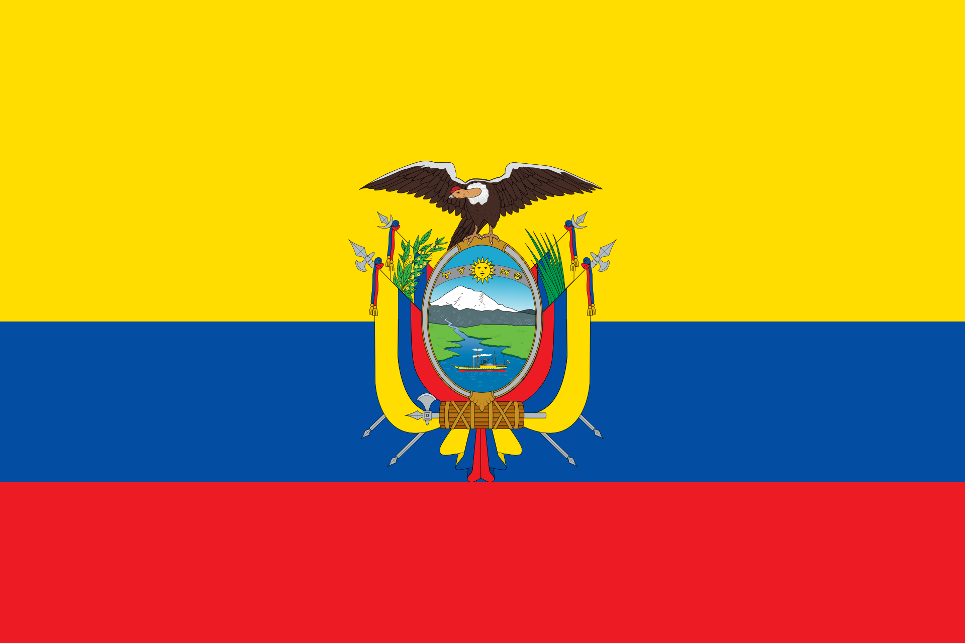 The flag of Ecuador, yellow-blue-red horizontal bands with the national coat of arms at centre, 1900