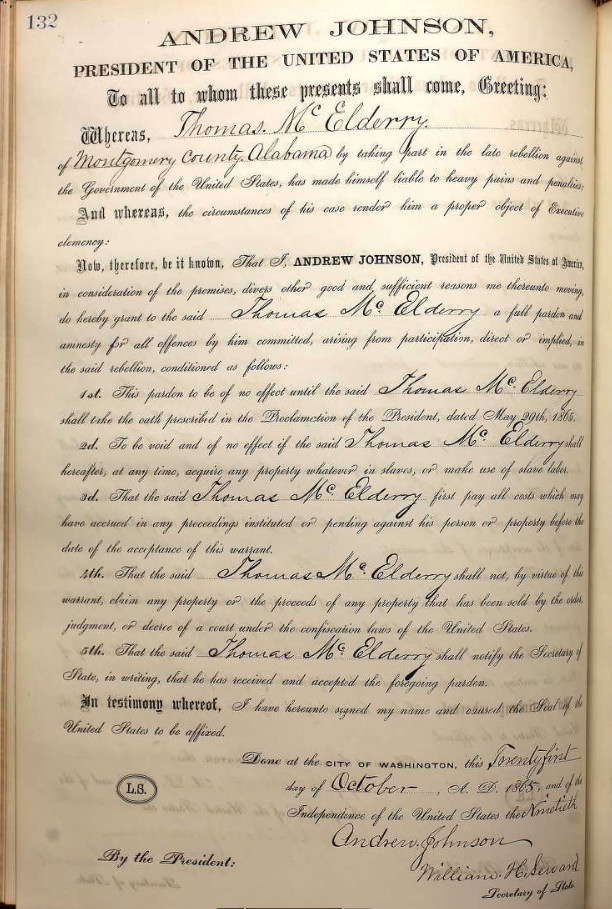 A handwritten Andrew Johnson presidential pardon signed by the president and the secretary of state, 1865