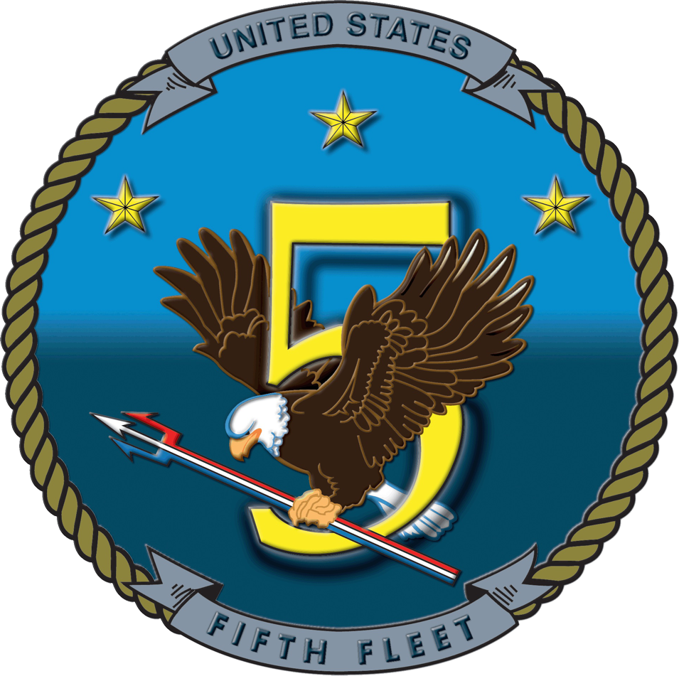 The seal of the US Fifth Fleet, a bald eagle bearing a red trident across a yellow five over the Gulf horizon inside a gold rope ring, 1995