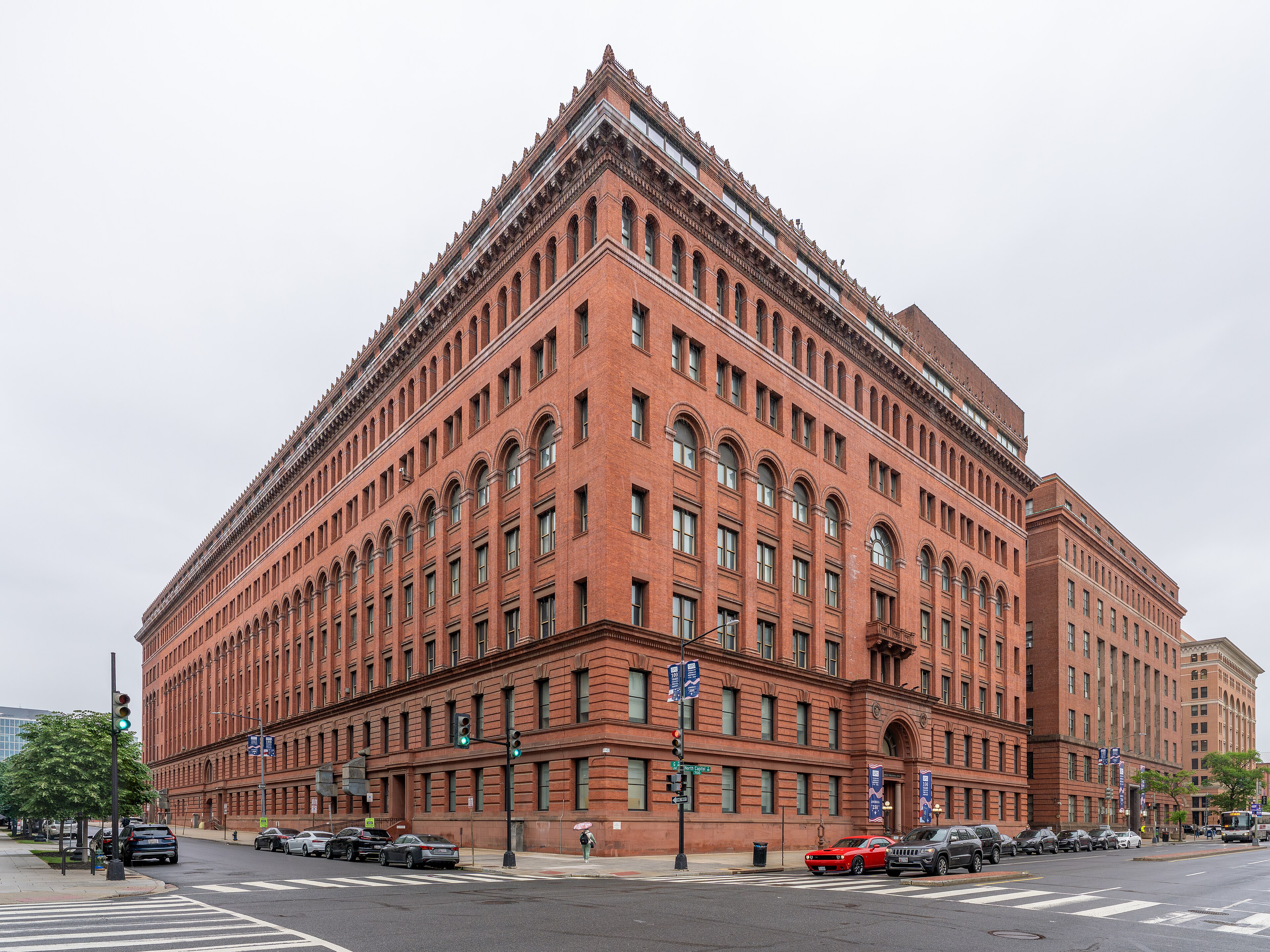 The nineteenth-century red-brick facade of the US Government Publishing Office in Washington at a North Capitol Street corner, 2015