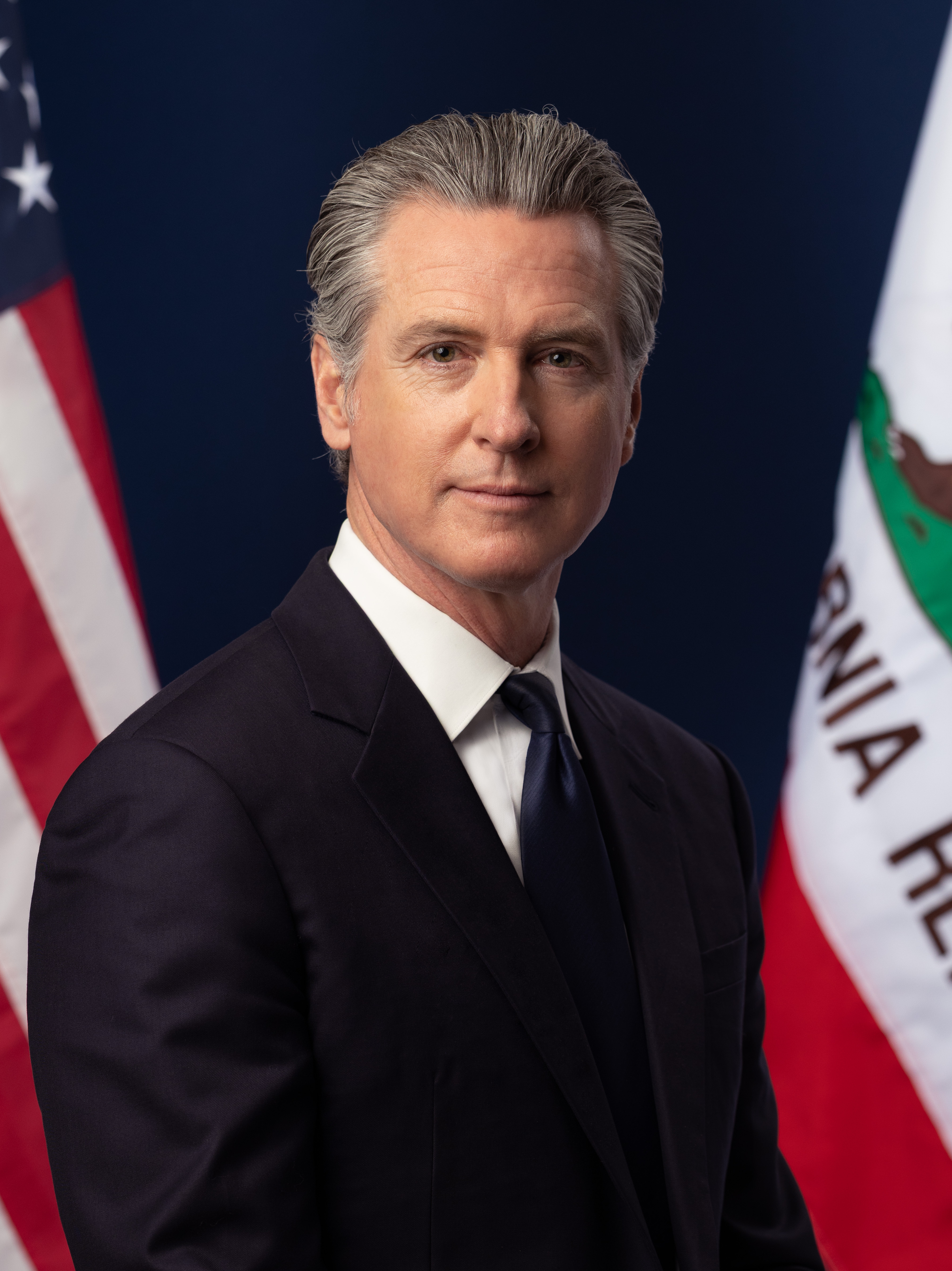 Gavin Newsom in an official portrait, US flag and California state flag behind him and a navy tie under a dark suit, 2023