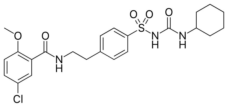 The chemical structure diagram of the glyburide molecule in black on white, 1966