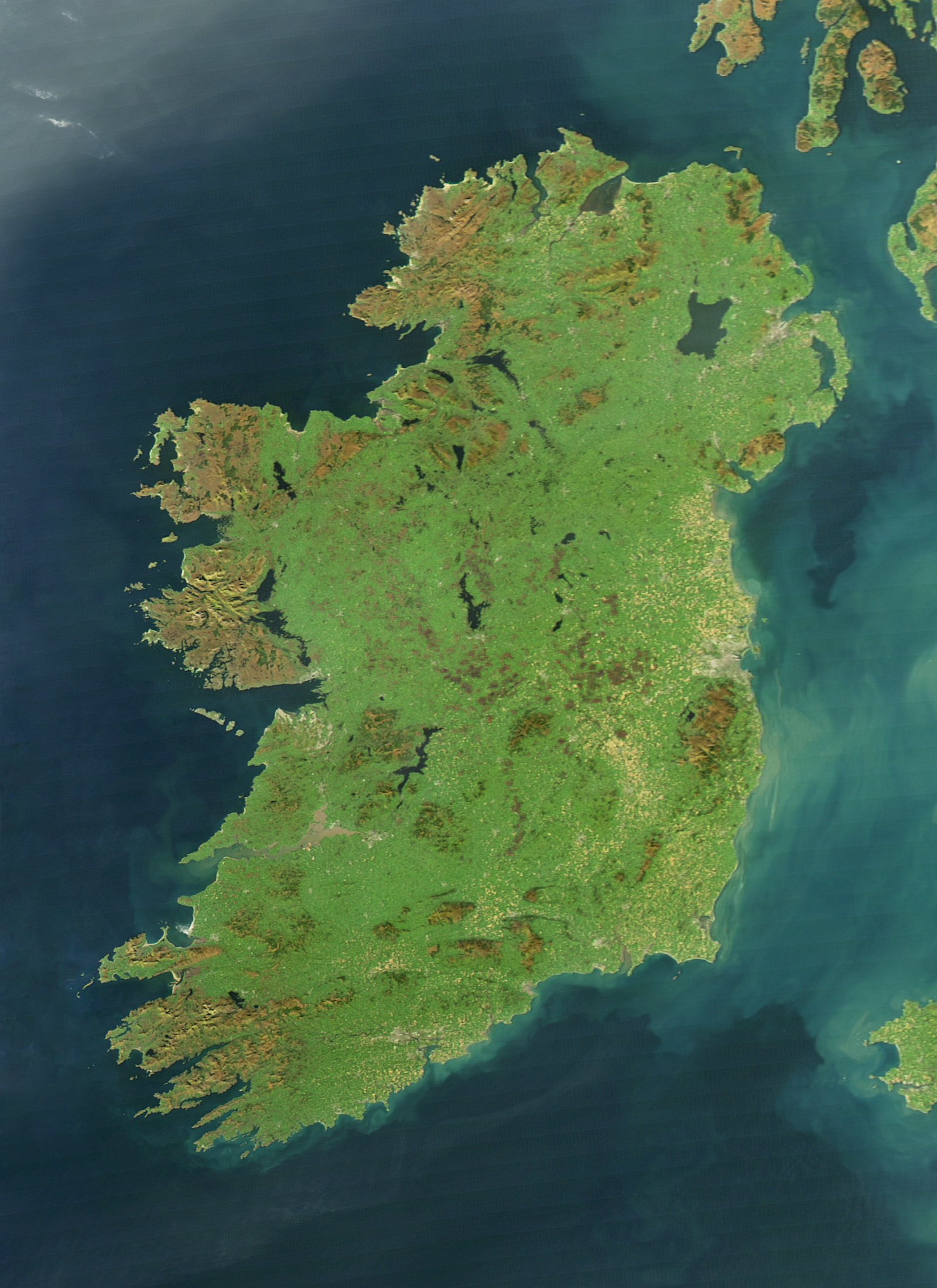 A satellite view of the island of Ireland ringed by the Atlantic and the Irish Sea, 2020
