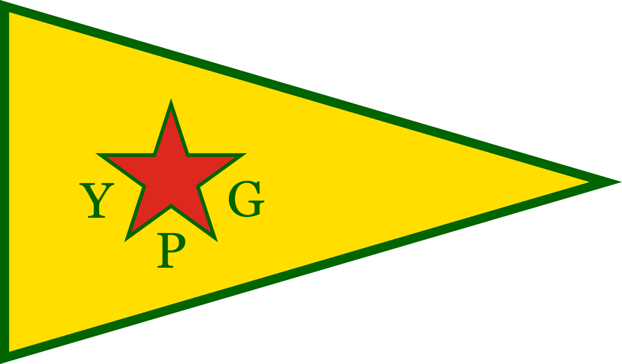 The YPG pennant, a red star inside the letters YPG on a yellow triangular field bordered in green, 2012