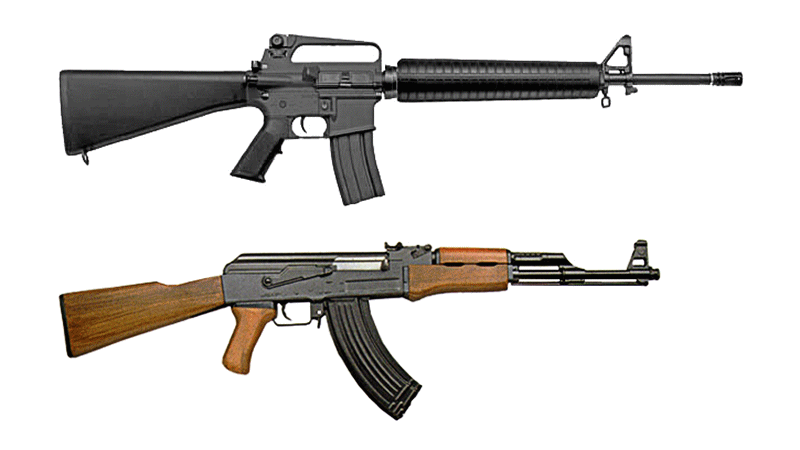 An M16 rifle above an AK-47 laid side by side against a white background, 2010