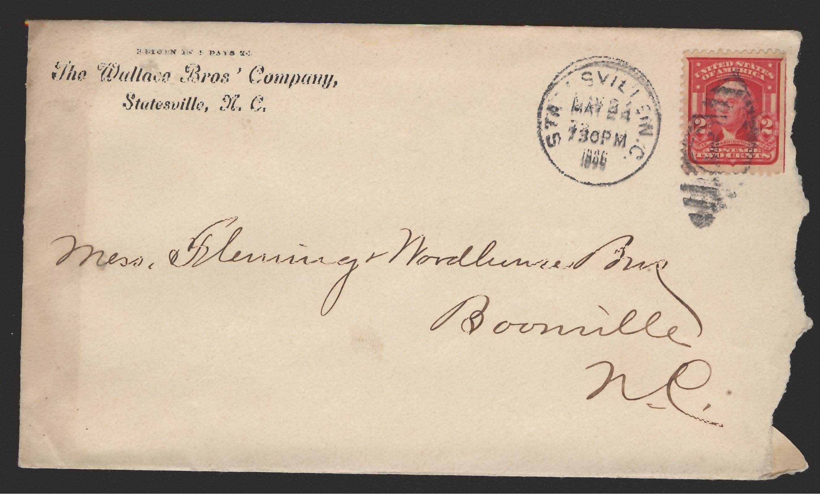 A hand-addressed North Carolina business envelope with a two-cent Washington stamp, postmarked 1906, 1906