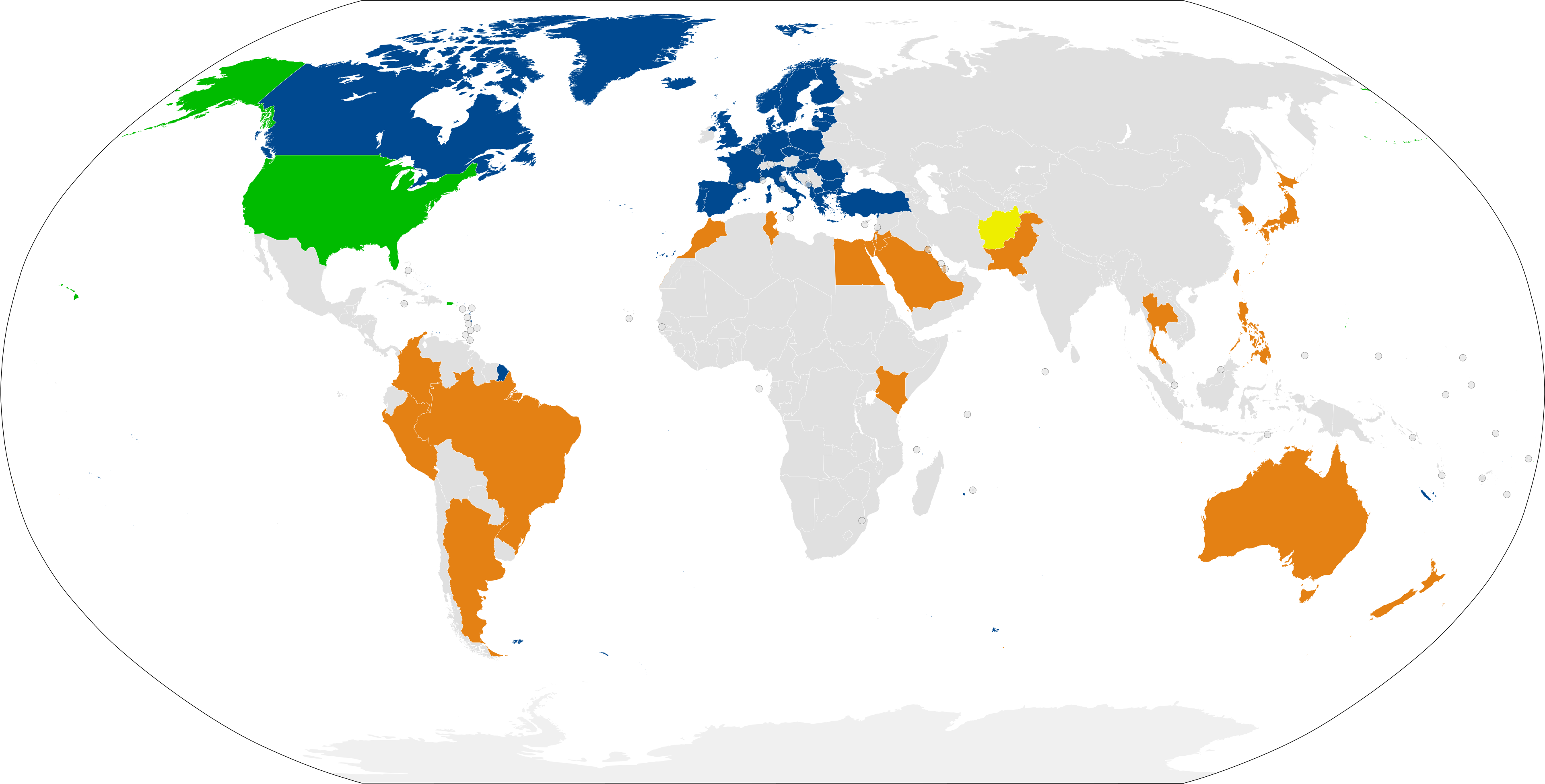A world map with NATO members shaded blue, the United States green, Major Non-NATO Allies orange and Afghanistan yellow, 2015