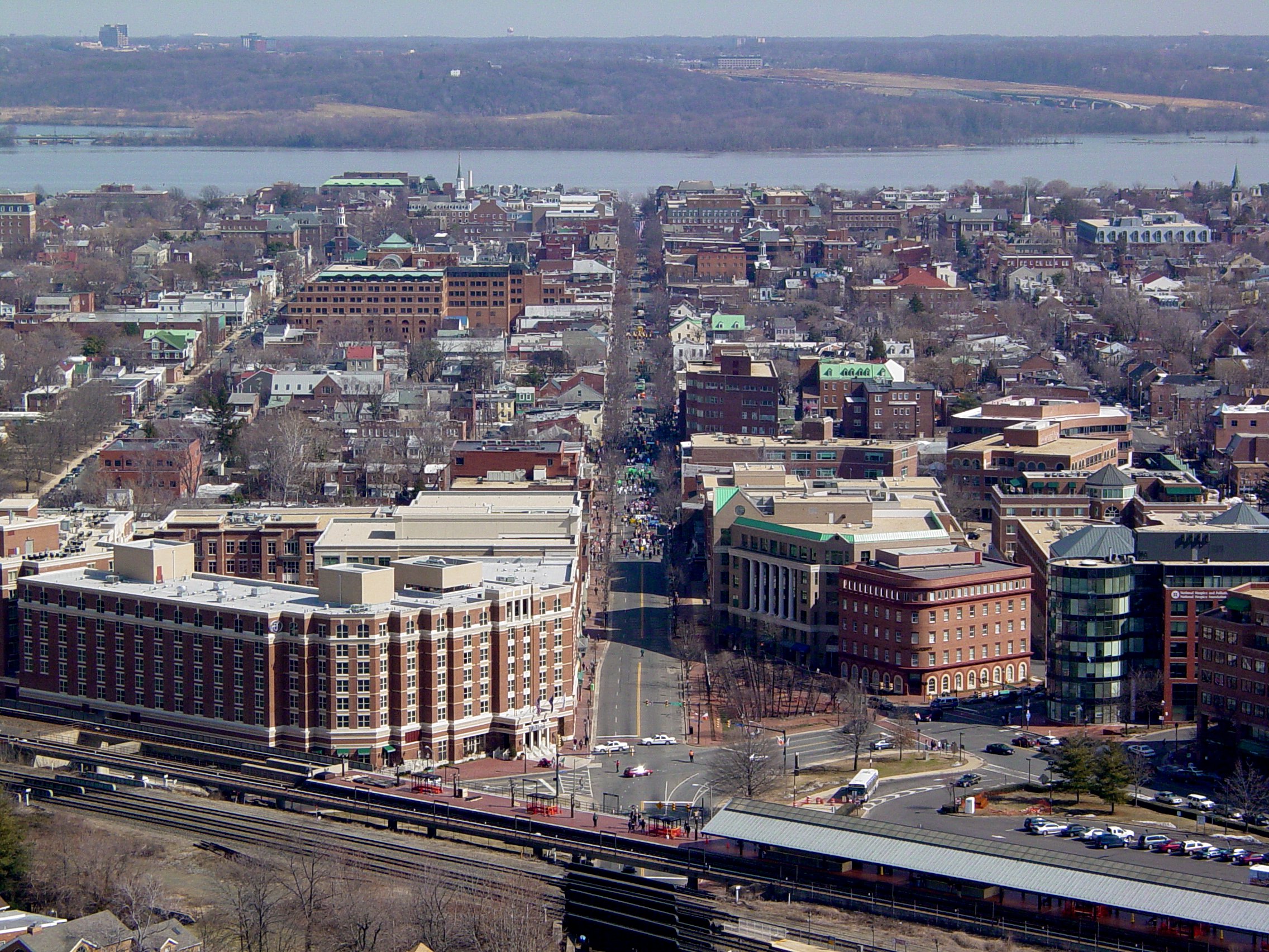 Aerial view of Old Town Alexandria, Virginia stretched along the Potomac River, 2013