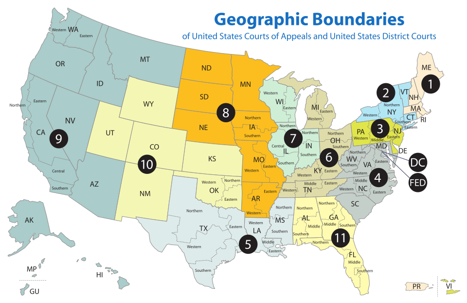 A map of the geographic boundaries of the eleven numbered United States circuit courts of appeals and the District of Columbia and Federal circuits, 2015