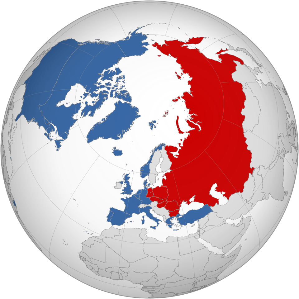 An orthographic globe of the Cold War world with NATO states shaded blue and the Warsaw Pact and its allies shaded red, 1985