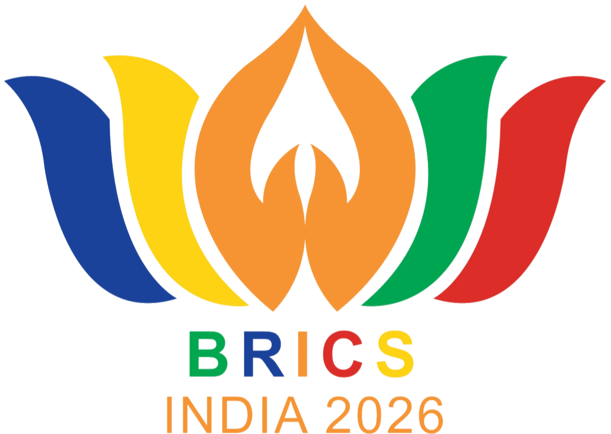 The BRICS India 2026 summit logo, five flame-shaped petals in blue, yellow, orange, green and red above the wordmark BRICS INDIA 2026, 2026
