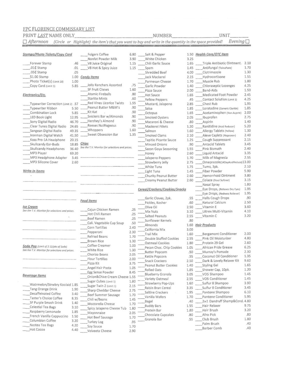 A photocopied FPC Florence commissary list, columns of stamps, snacks, ramen and hygiene items with prices, 2015