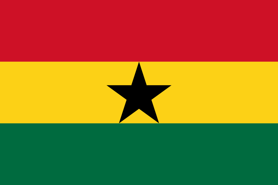 The flag of Ghana, red-gold-green horizontal bands with a black five-pointed star on the gold, 1957