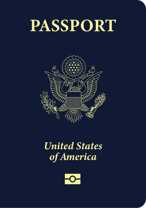 The front cover of a United States passport, gold eagle and biometric chip mark on navy blue, 2015