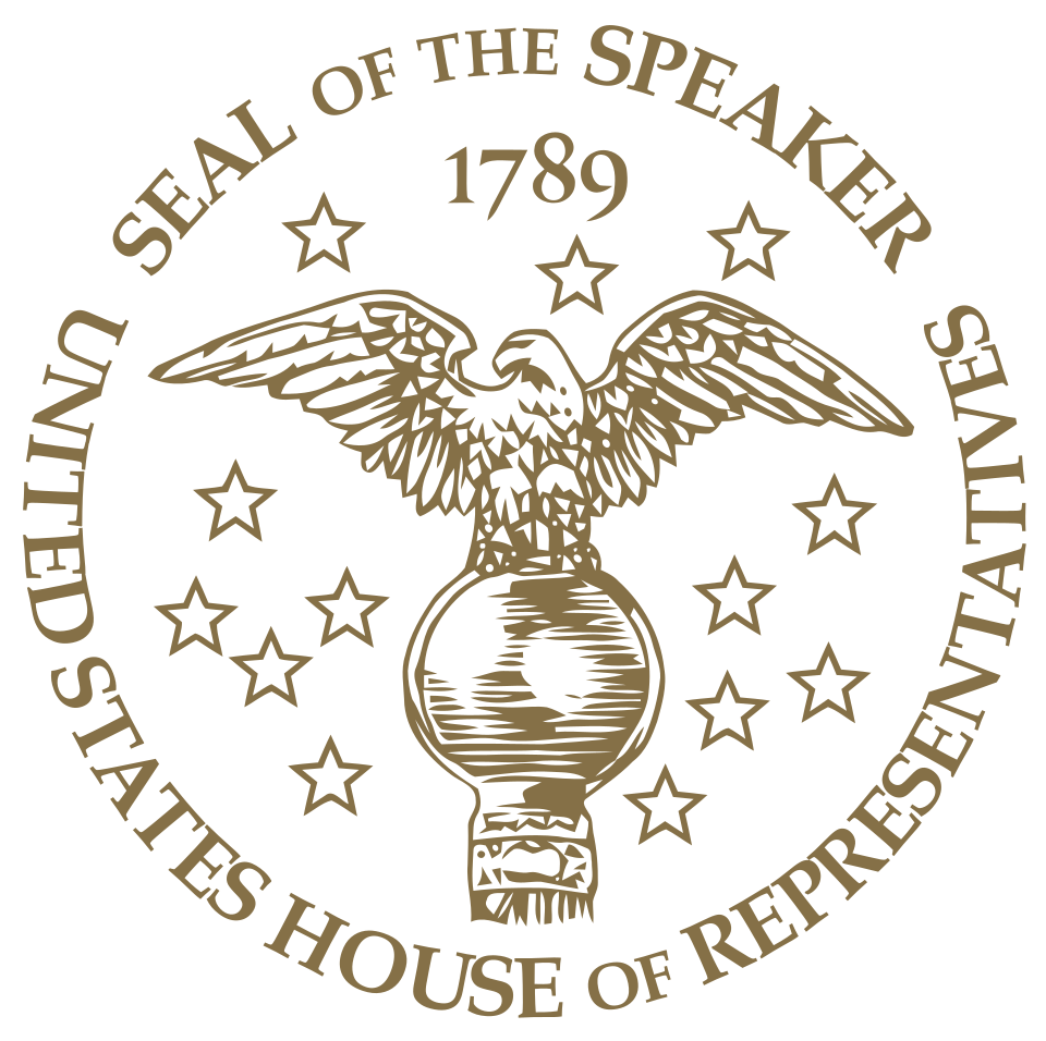 The seal of the Speaker of the US House of Representatives, gold eagle with wings spread over a mace-and-orb inside a ring of stars, 1789