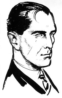 A black-and-white ink drawing of James Bond by illustrator Horak, dark hair and set jaw over a dinner jacket, 1962