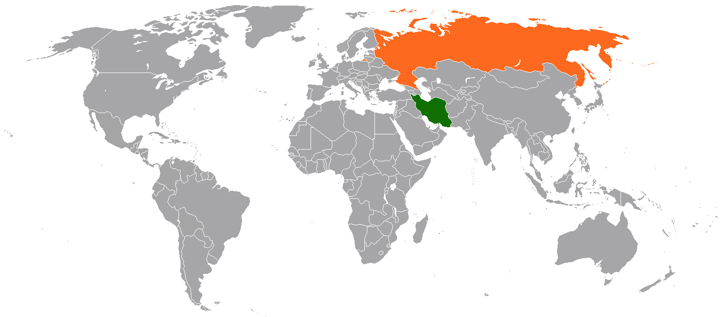 A grey world map with Iran shaded green and Russia shaded orange, 2020