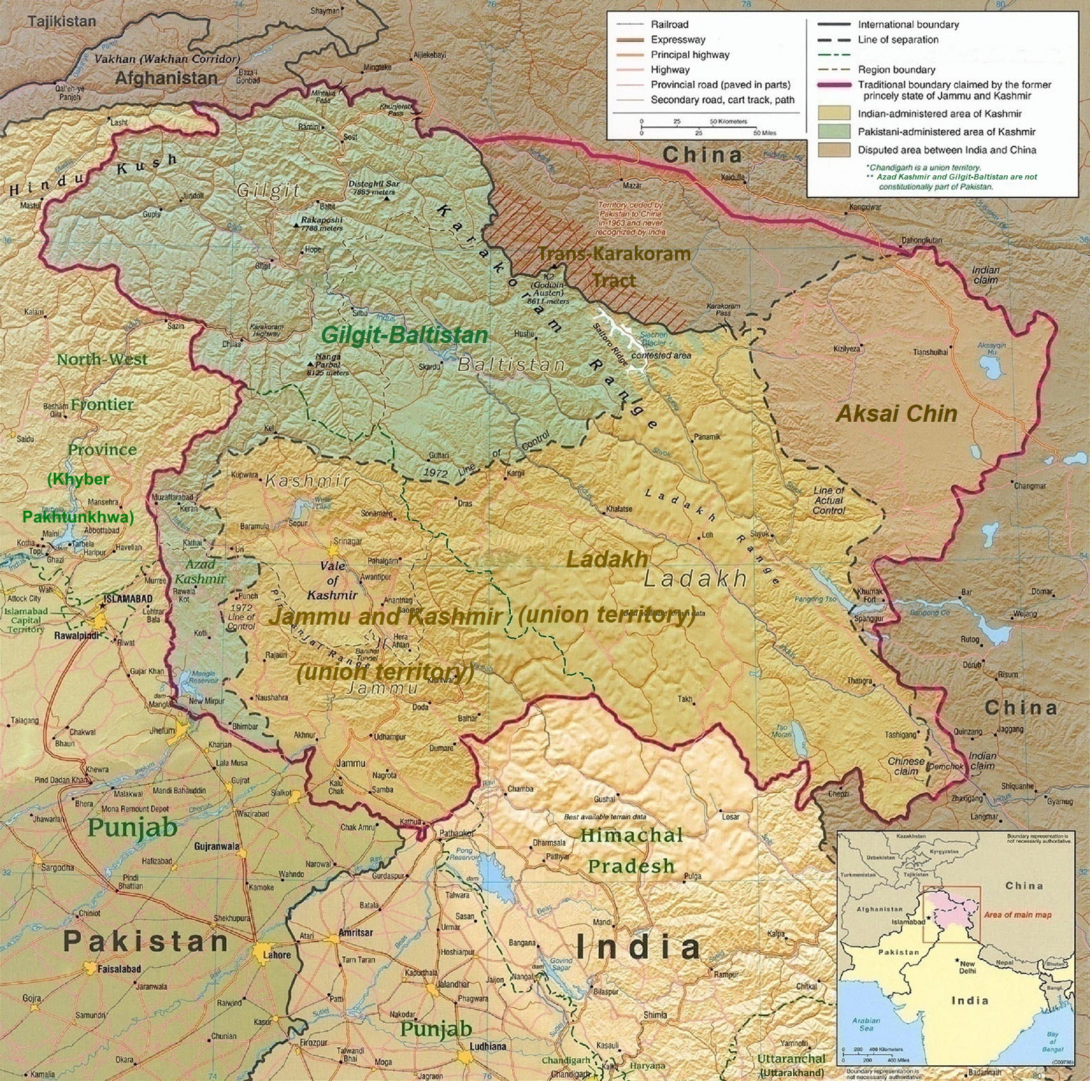A US reference relief map of the disputed Jammu and Kashmir region, Indian-administered, Pakistani-administered and Chinese-disputed areas shaded across the mountains between the Hindu Kush and Punjab, 2015