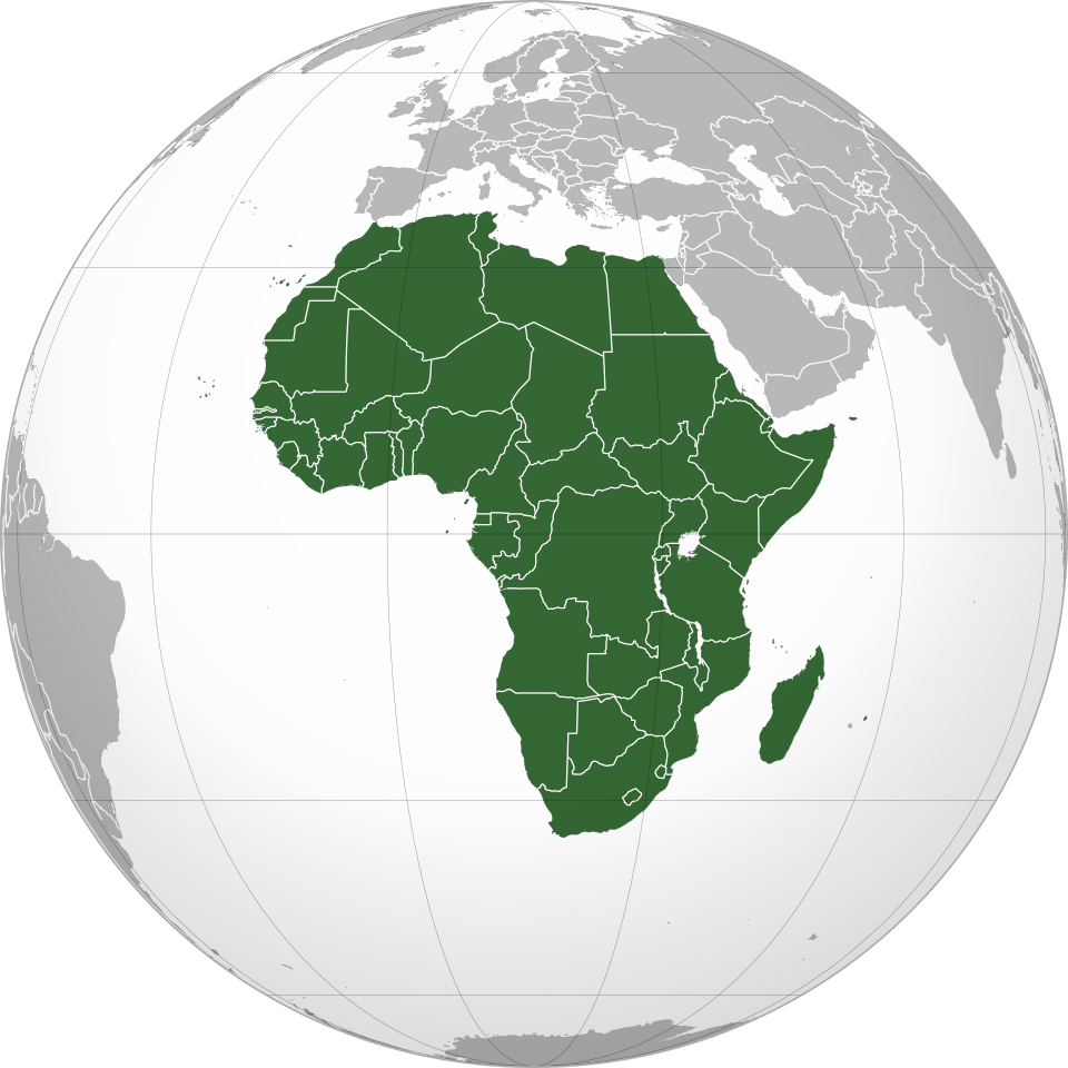 An orthographic globe centred on Africa, the continent shaded green against a grey world with white grid lines of latitude and longitude, 2015