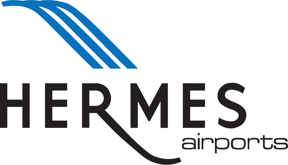 The Hermes Airports wordmark, three blue arcs sweeping over black lettering that spells HERMES with the word airports below, 2006