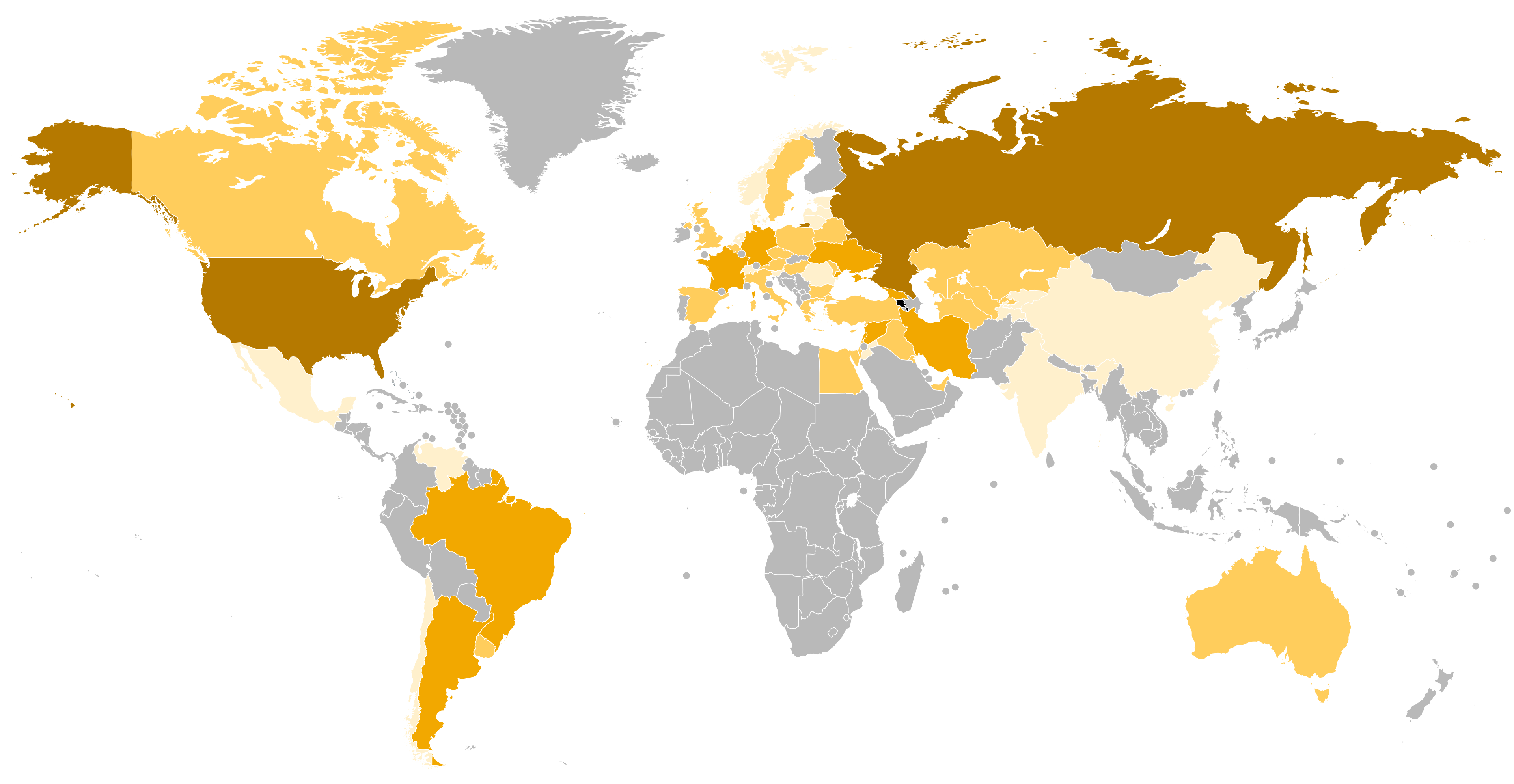 A world map of the Armenian diaspora shaded pale yellow through deep amber against a black background, 2015