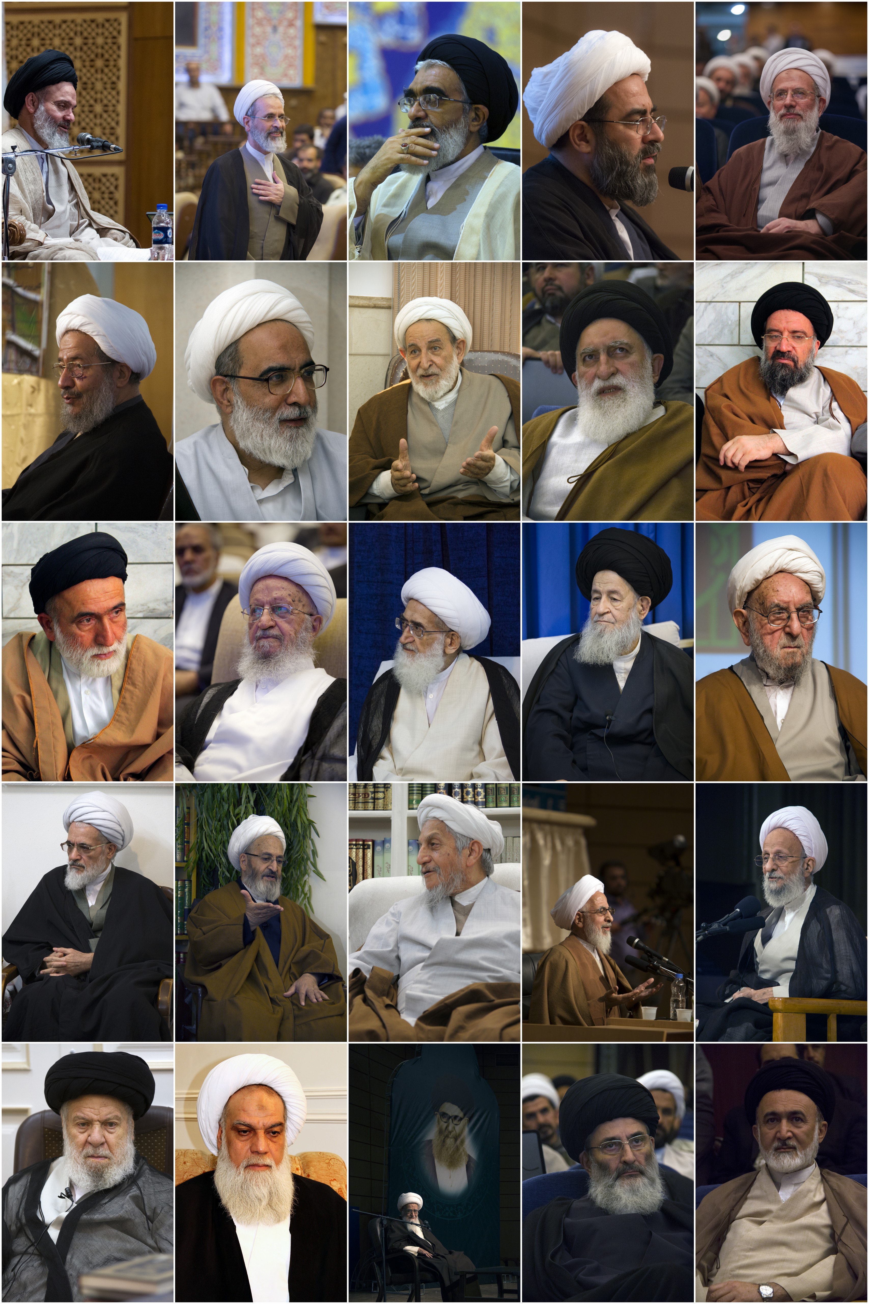 A five-by-five grid of twenty-five portraits of senior Iranian Shia clerics in black and white turbans, most bearded and robed at meetings and lecterns, 2018