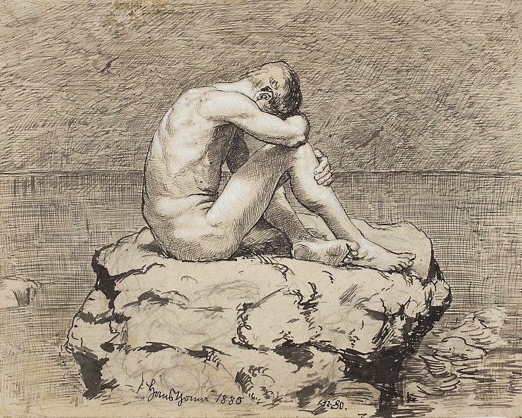 A Winslow Homer ink drawing of a lone naked figure hunched on a bare rock above shallow water, signed 1886, 1886