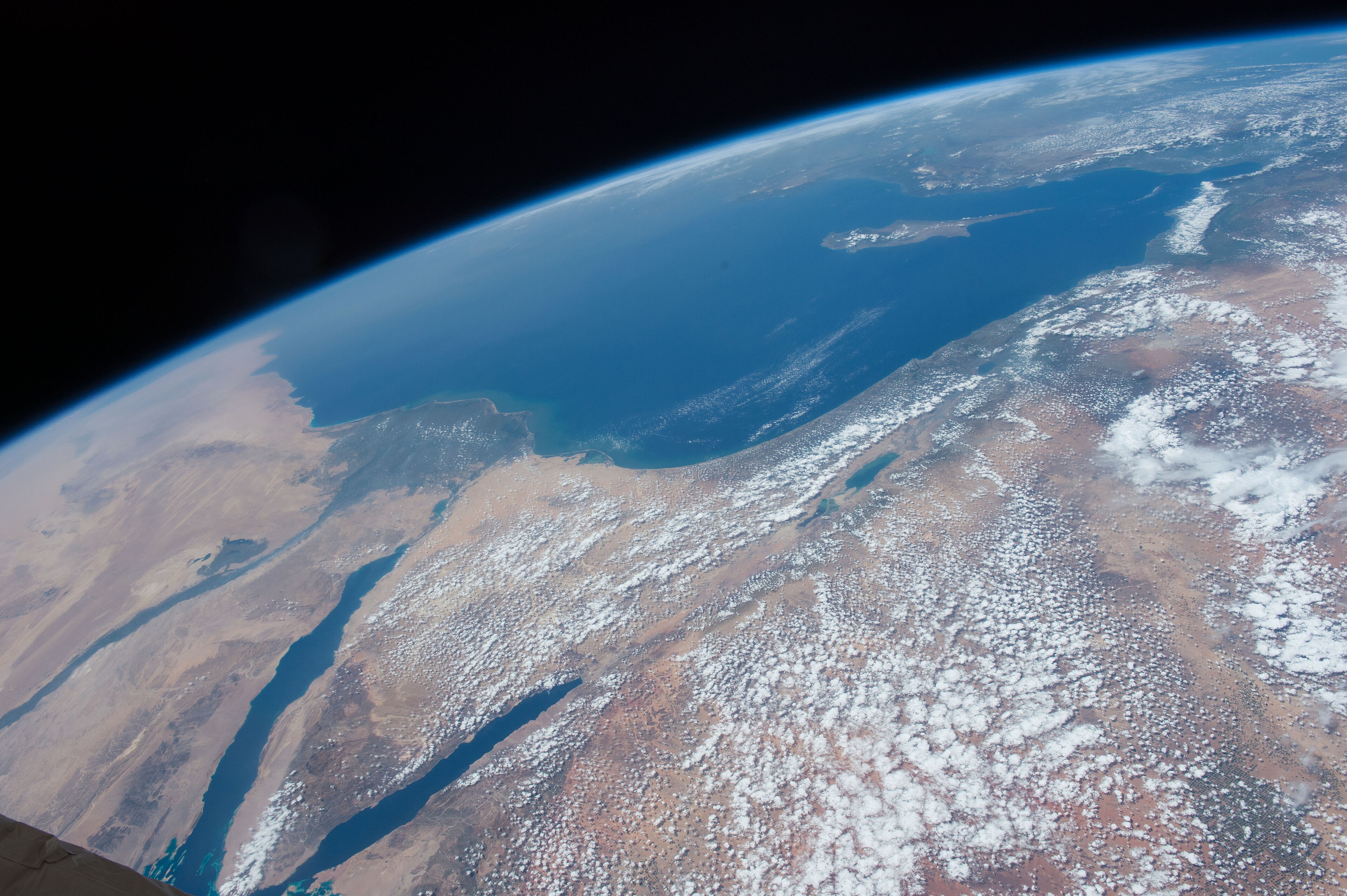 An ISS photograph of the eastern Mediterranean from orbit, Cyprus set in deep-blue sea above the Levantine coast and the Sinai peninsula, 2015