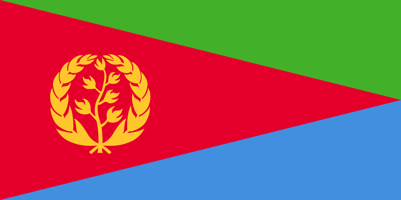 The flag of Eritrea, red triangle bearing a gold olive wreath between green and blue fields, 1995
