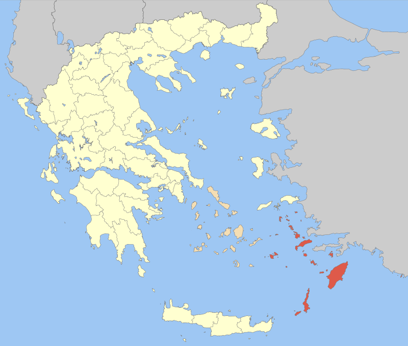 A map of Greece with the Dodecanese islands highlighted in red off the Turkish coast, 1995