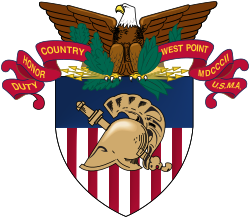 The academic shield of the United States Military Academy, a helmet and sword on a striped shield beneath the West Point eagle and the motto Duty Honor Country, 1802