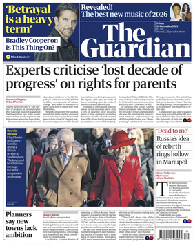 The front page of the Guardian newspaper below its masthead, a lead story on the lost decade of progress on parents' rights, 2025