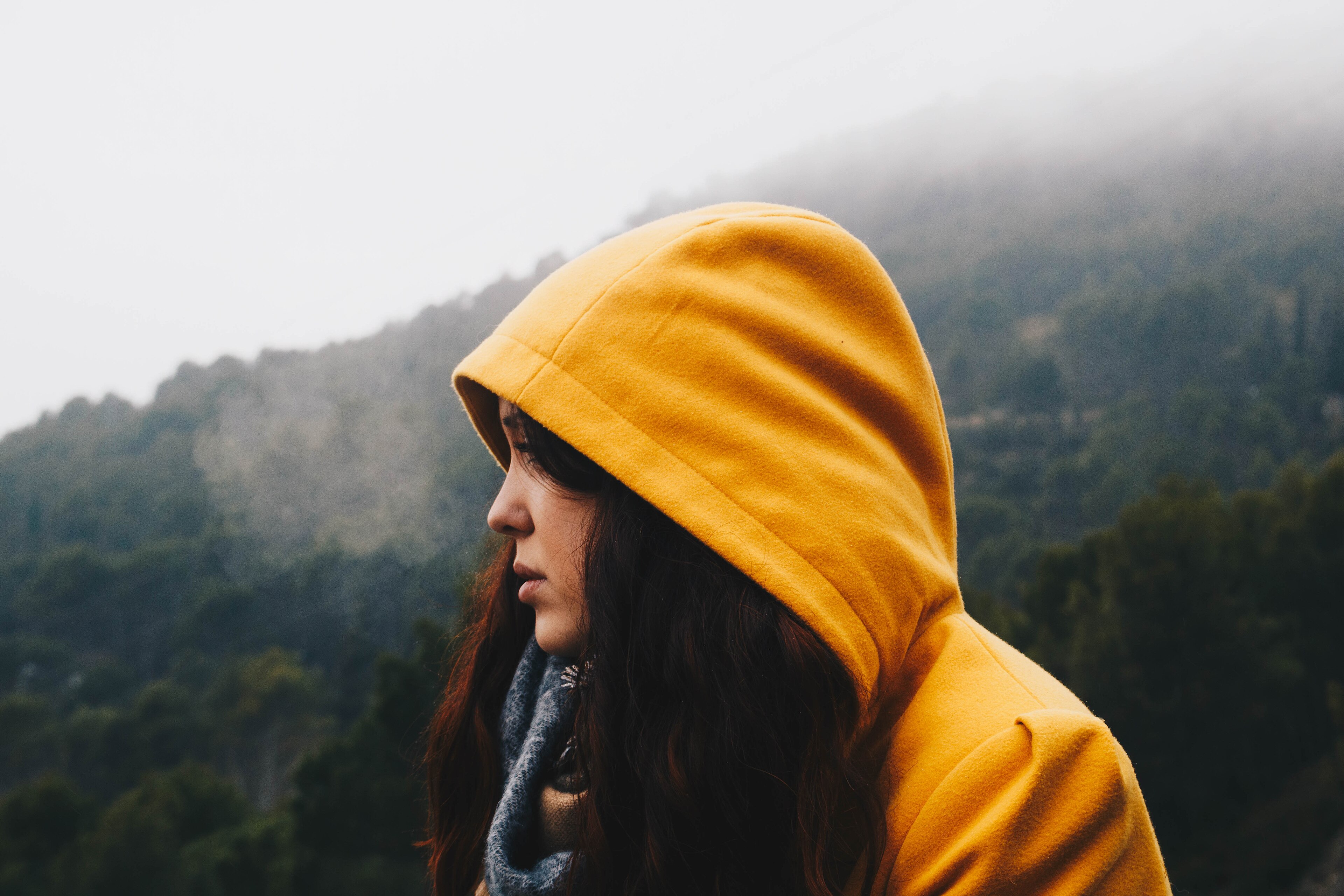 A woman in a yellow hooded coat in profile against a foggy hillside, 2018