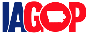 The Iowa Republican Party wordmark, blue letters IA beside GOP in red with a white Iowa silhouette dropped inside the O, 2010