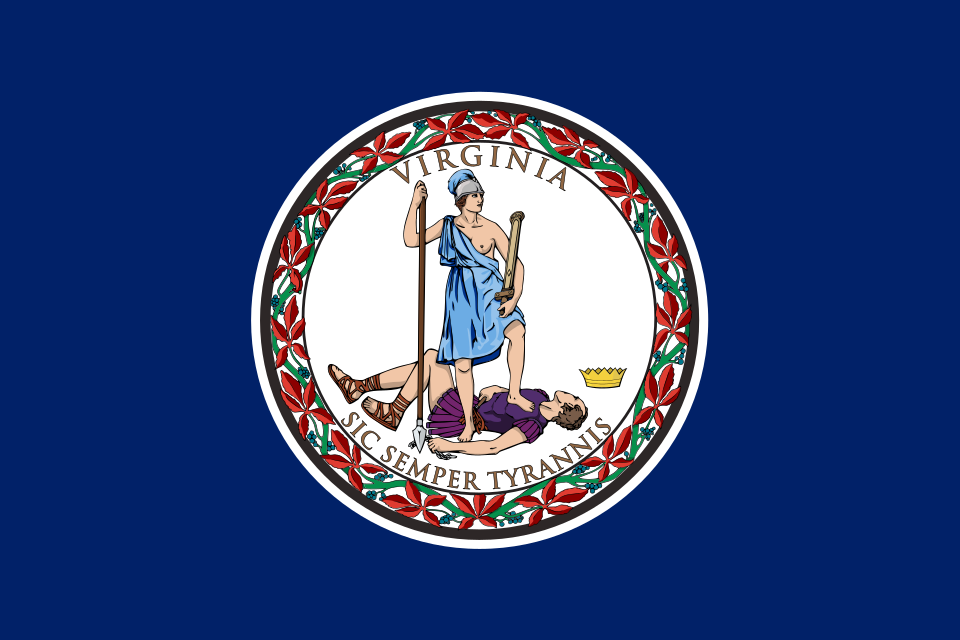 The flag of the Commonwealth of Virginia, its Sic Semper Tyrannis seal centred on a deep blue field, 1861