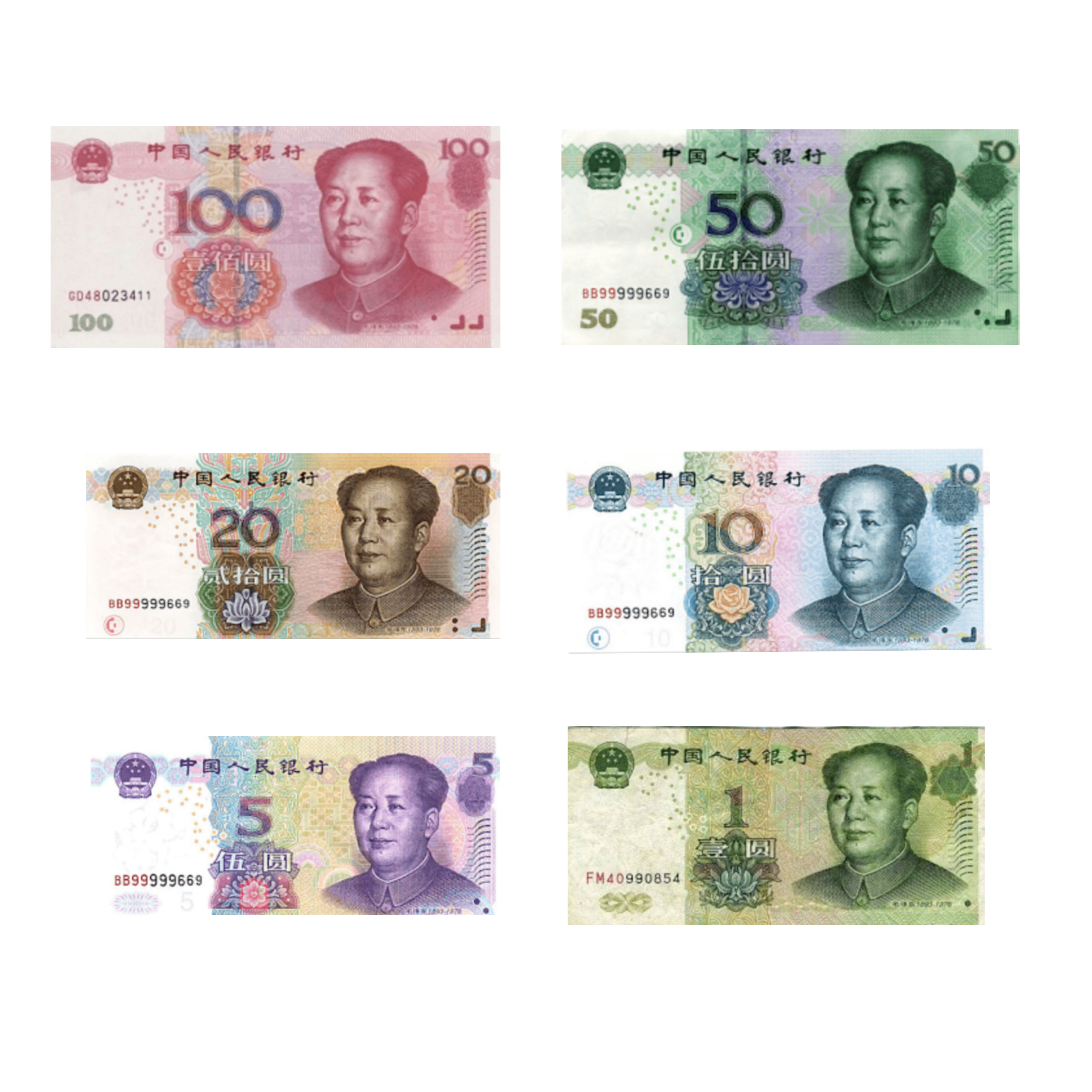 Six Chinese renminbi banknotes laid out in denominations from 100 down to 1, each carrying the same Mao portrait, 2005