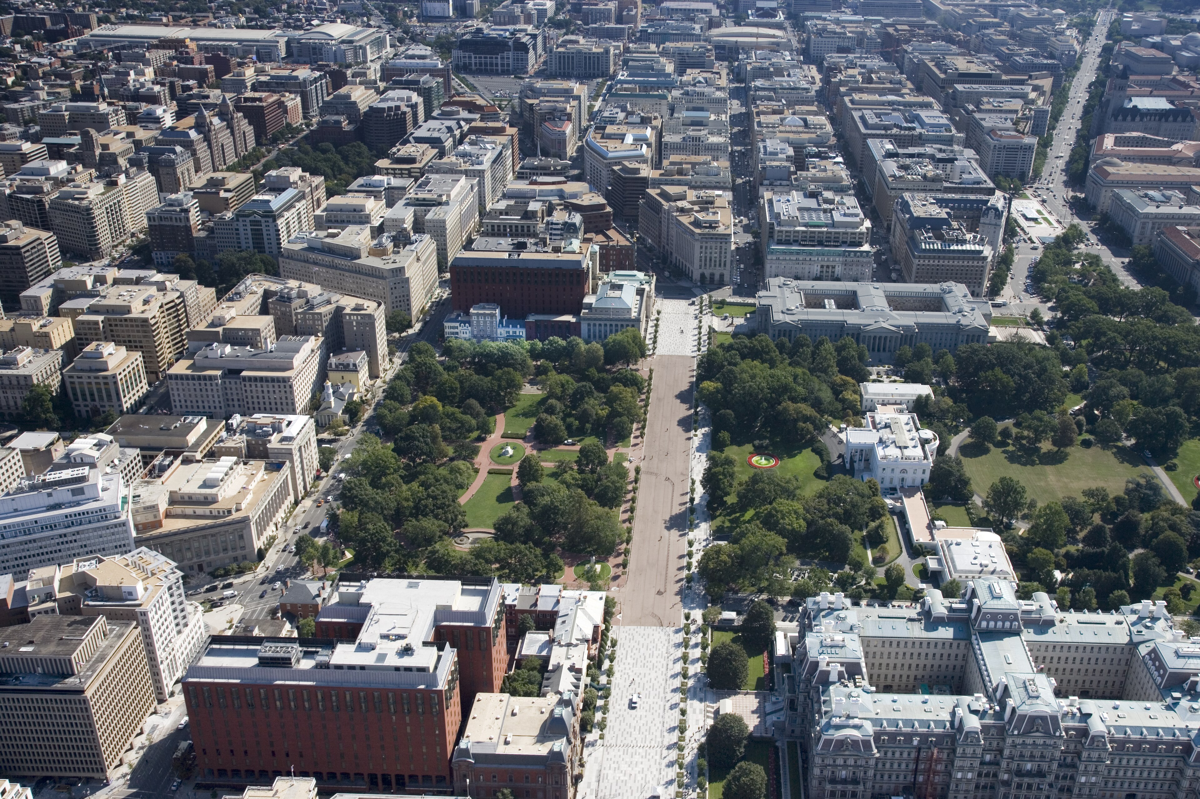 Aerial view of Lafayette Square across from the White House, the North Lawn and Treasury Building at right, 2015