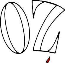 The hand-drawn OZ title logo of the HBO prison series, a single drop of blood falling from the Z, 1997