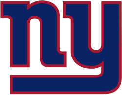 The New York Giants primary logo, red-outlined navy ny wordmark on the corner of a red field, 2000