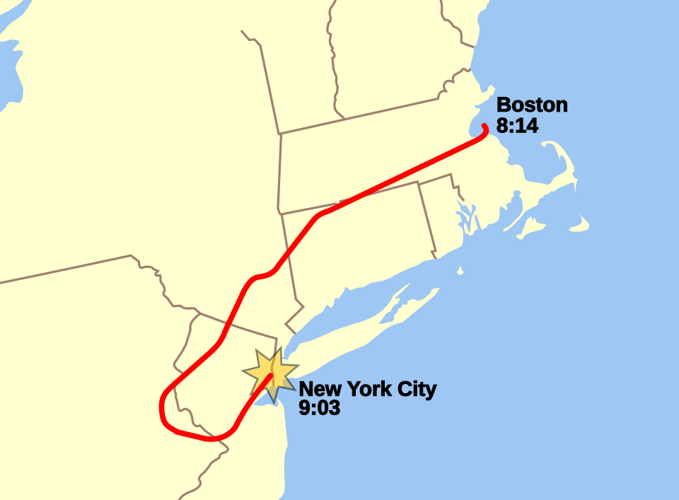 A map tracing the flight path of United Airlines Flight 175 from Boston at 8:14 to New York City at 9:03, 2001