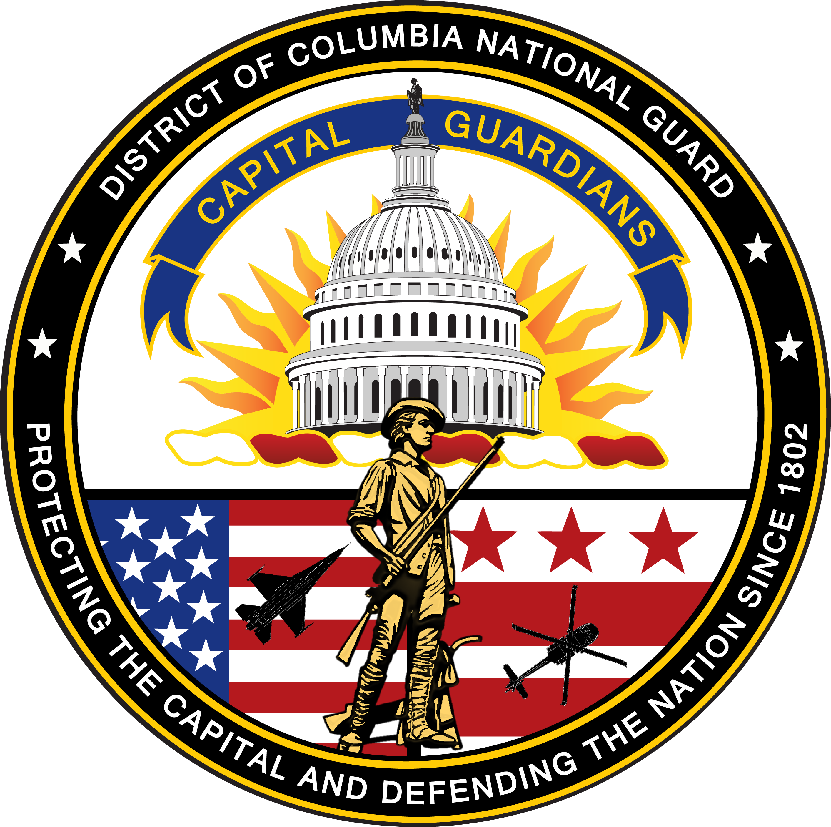 The seal of the District of Columbia National Guard, a minuteman before the Capitol dome and the motto Protecting the Capital and Defending the Nation Since 1802, 1802